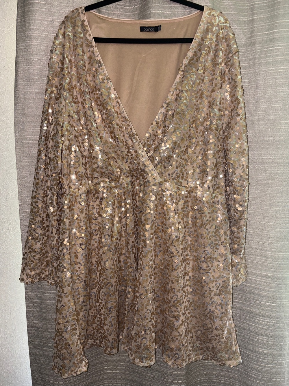 Champagne Sequin Wrap Long Sleeve Mini Dress